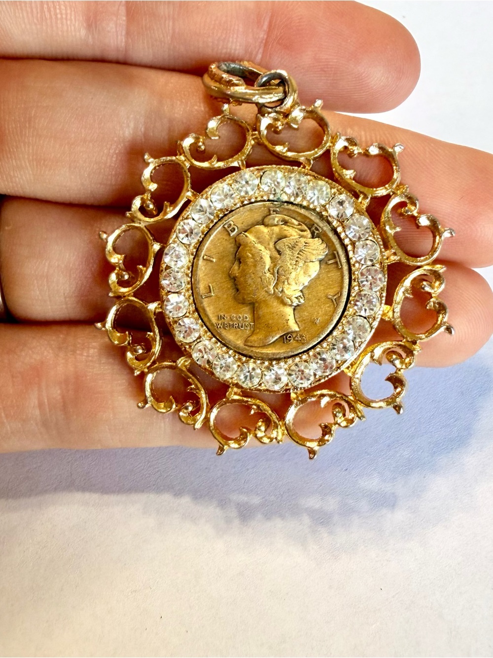 Vintage WLP Gold Tone 1943 Mercury Dime Rhinestone Pendant